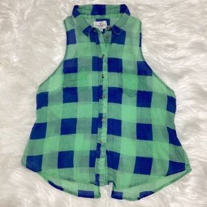 AEO Women’s Green & Blue Plaid Sheer Collared Sleeveless Button Down Shirt